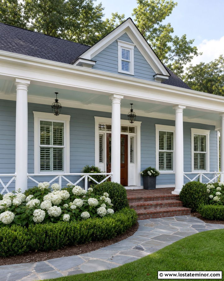Dusty Blue House With Haint Blue Porch Ceiling - 30 Dusty Blue House Design With Porch Ceiling Ideas