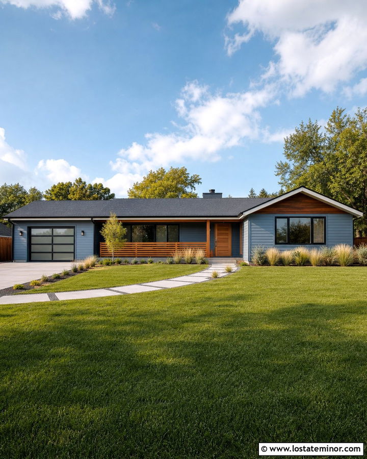 Dusty Blue House With Horizontal Wood Railings - 30 Dusty Blue House Design With Railings Ideas