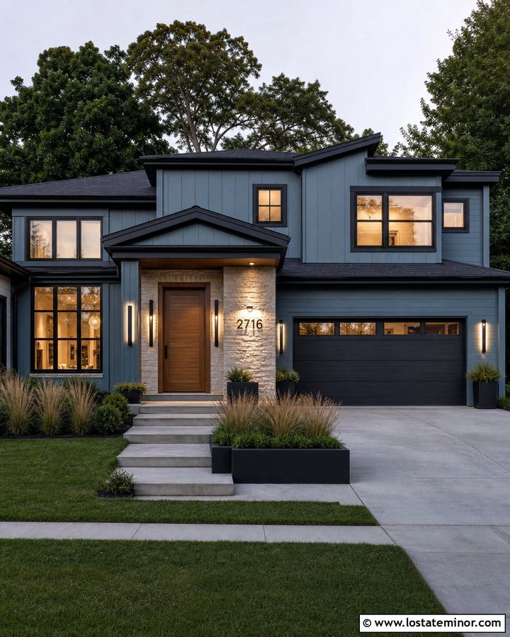 Dusty Blue House With Illuminated House Numbers - 30 Dusty Blue House Design With Lighting Ideas