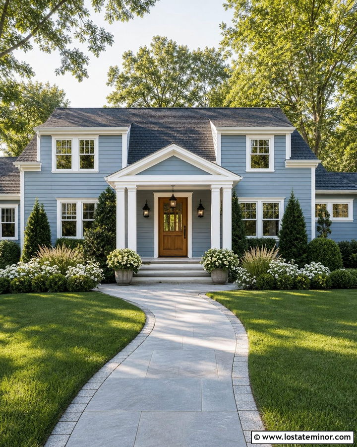 Dusty Blue House With Landscaped Portico Entrance - 30 Dusty Blue House Design With Portico Ideas