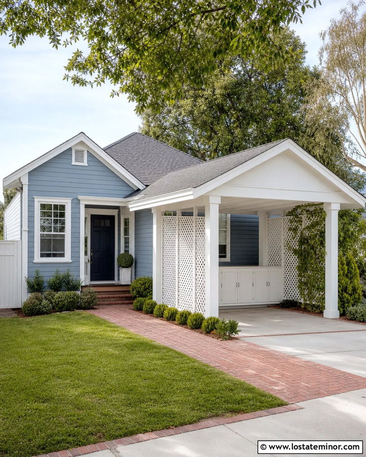 Dusty Blue House With Lattice Carport Screen - 30 Dusty Blue House Design With Carport Ideas