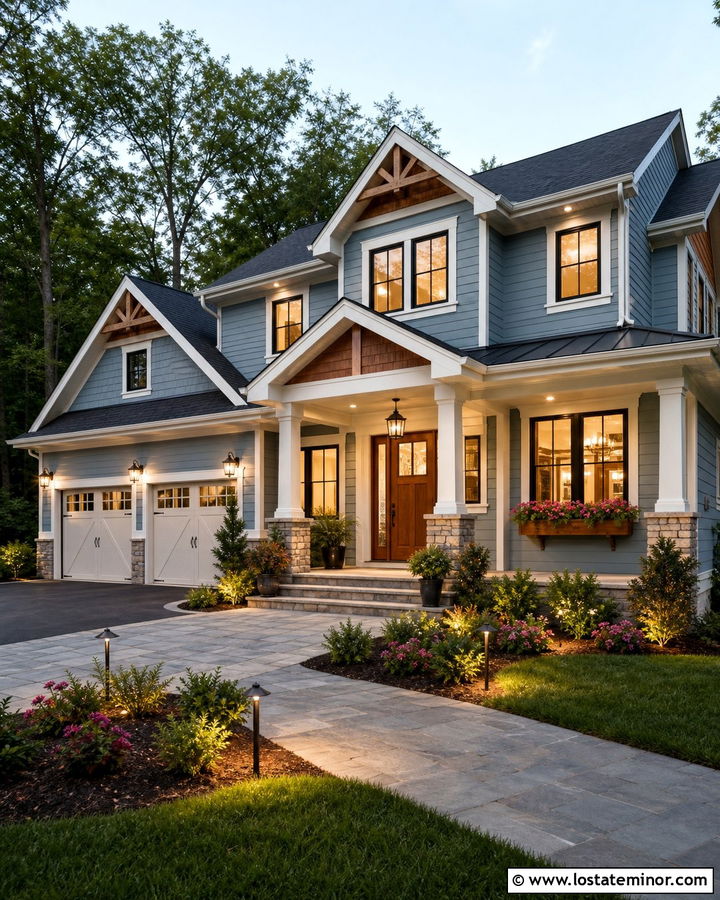 Dusty Blue House With Layered Exterior Lighting - 30 Dusty Blue House Design With Lighting Ideas