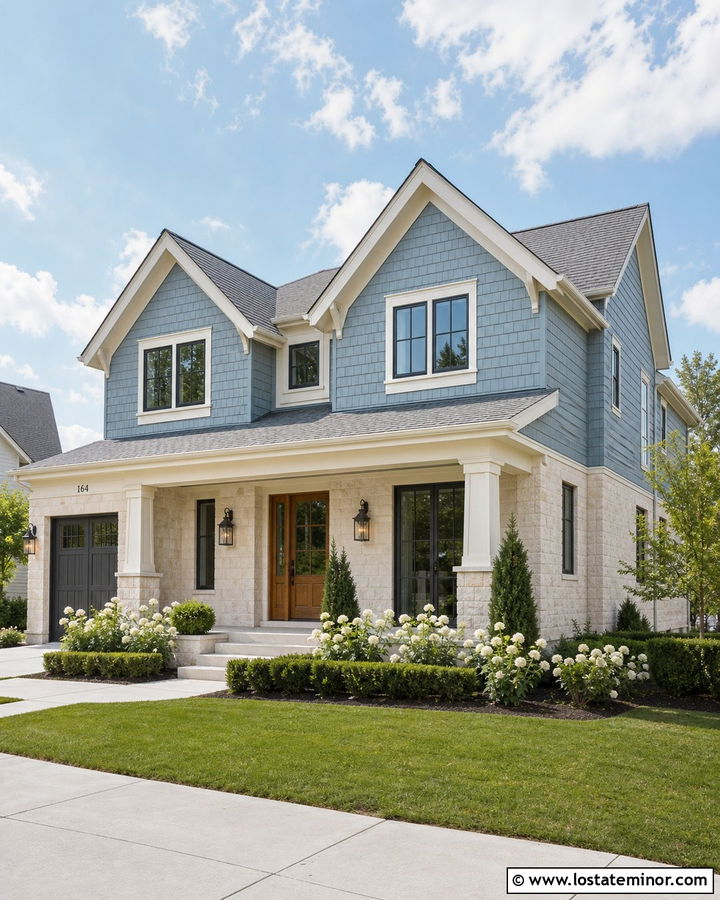 Dusty Blue House With Limestone And Shingles - 30 Dusty Blue House Design With Shingles Ideas