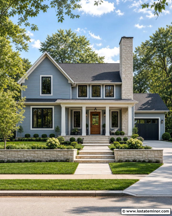 Dusty Blue House With Limestone Chimney - 30 Dusty Blue House Design With Chimney Ideas