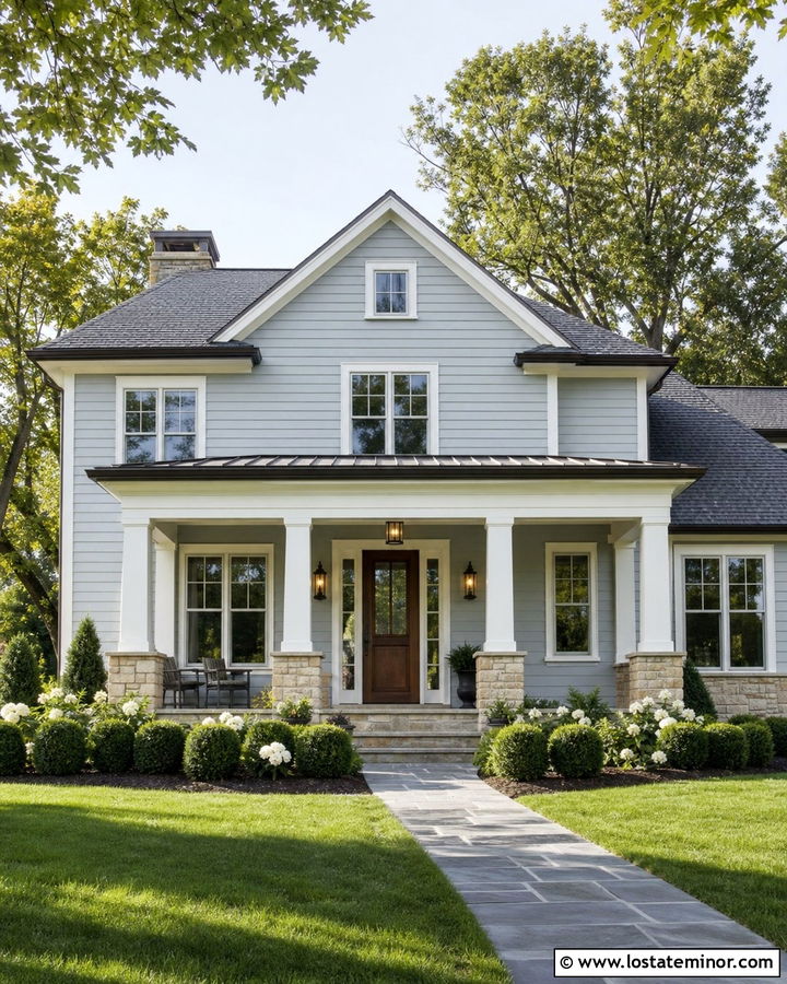 Dusty Blue House With Limestone Portico - 30 Dusty Blue House Design With Portico Ideas