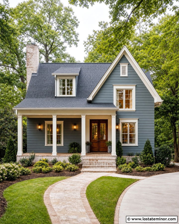 Dusty Blue House With Limewashed Brick Porch - 30 Dusty Blue House Design With Front Porch Ideas
