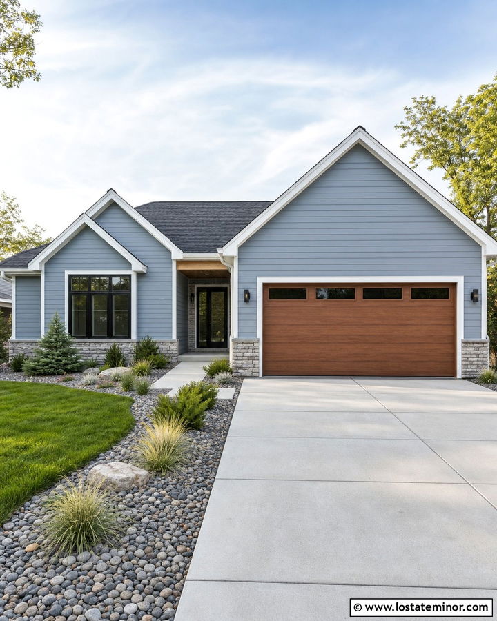 Dusty Blue House With Low Maintenance Concrete Driveway - 30 Dusty Blue House Design With Driveway Ideas