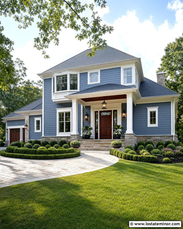 Dusty Blue House With Mahogany Front Door - 30 Dusty Blue House Design With Front Door Ideas