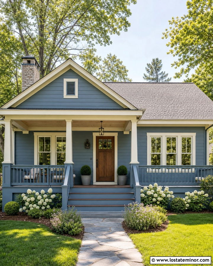 Dusty Blue House With Matching Blue Railings - 30 Dusty Blue House Design With Railings Ideas