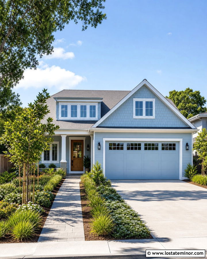 Dusty Blue House With Matching Garage And Driveway Border - 30 Dusty Blue House Design With Front Yard Ideas