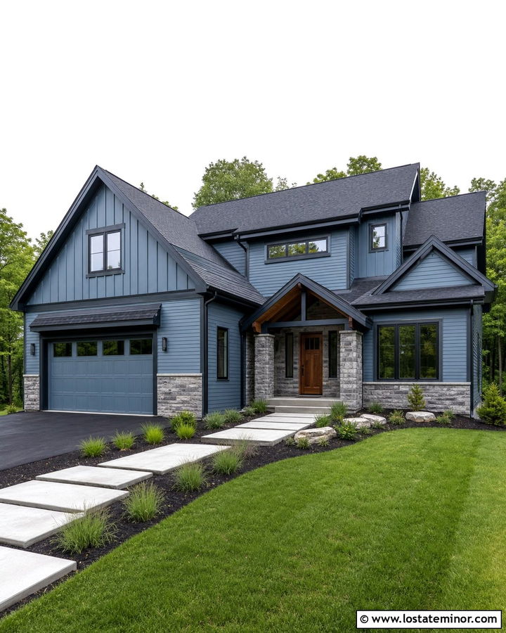 Dusty Blue House With Matching Trim And Stone Entry - 30 Dusty Blue House Design With Stone Accents Ideas