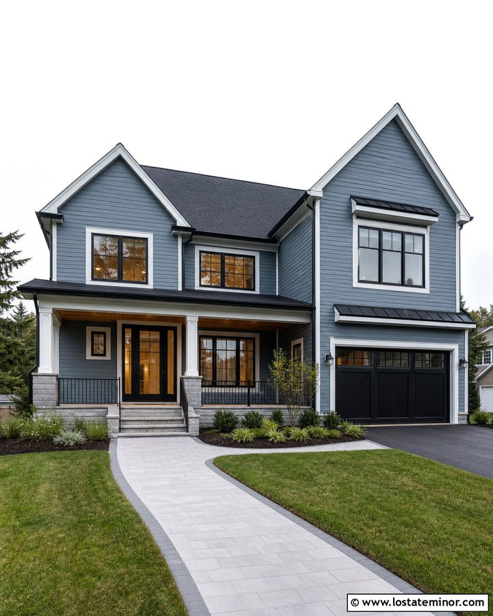 Dusty Blue House With Matte Black Glass Door - 30 Dusty Blue House Design With Front Door Ideas