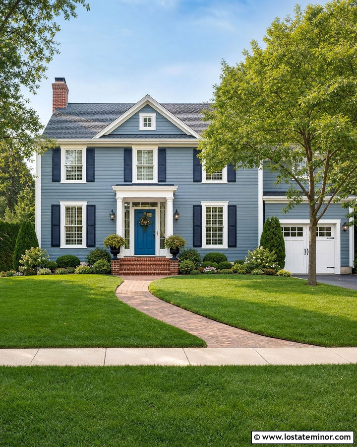 Dusty Blue House With Medium Blue Front Door - 30 Dusty Blue House Design With Front Door Ideas