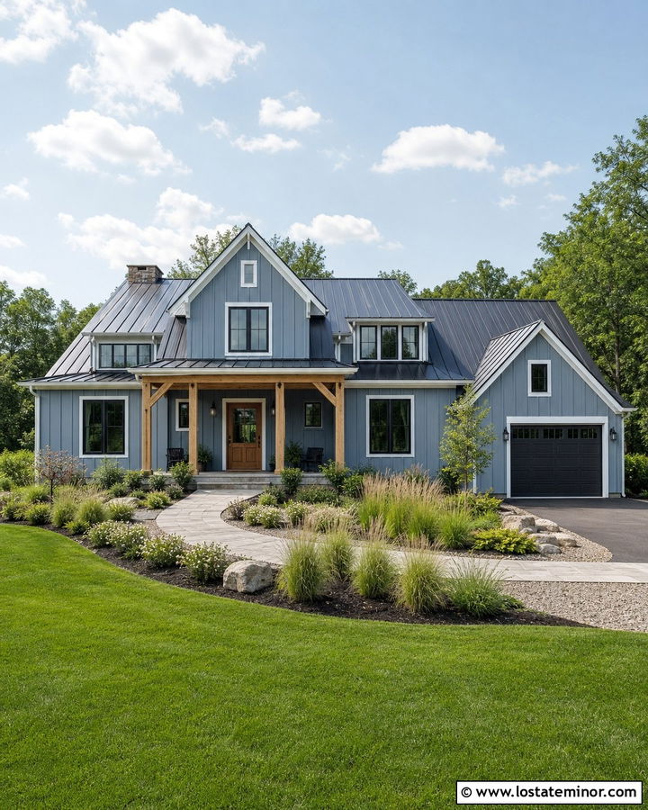 Dusty Blue House With Metal Roof And Pergola - 30 Dusty Blue House Design With Pergola Ideas