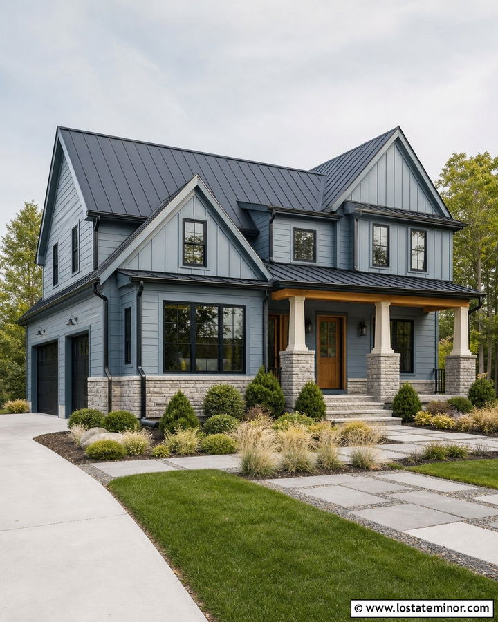 Dusty Blue House With Metal Roof And Stone - 30 Dusty Blue House Design With Stone Accents Ideas