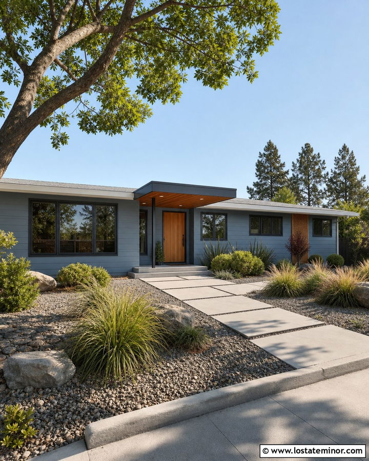 Dusty Blue House With Midcentury Entry Awning - 30 Dusty Blue House Design With Awning Ideas
