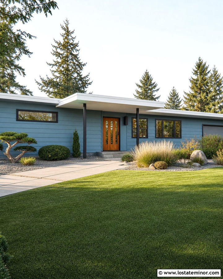 Dusty Blue House With Midcentury Portico - 30 Dusty Blue House Design With Portico Ideas