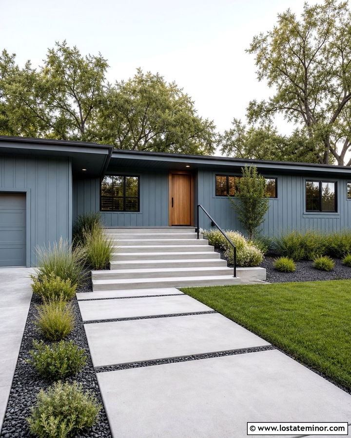 Dusty Blue House With Minimal Concrete Steps - 30 Dusty Blue House Design With Steps Ideas