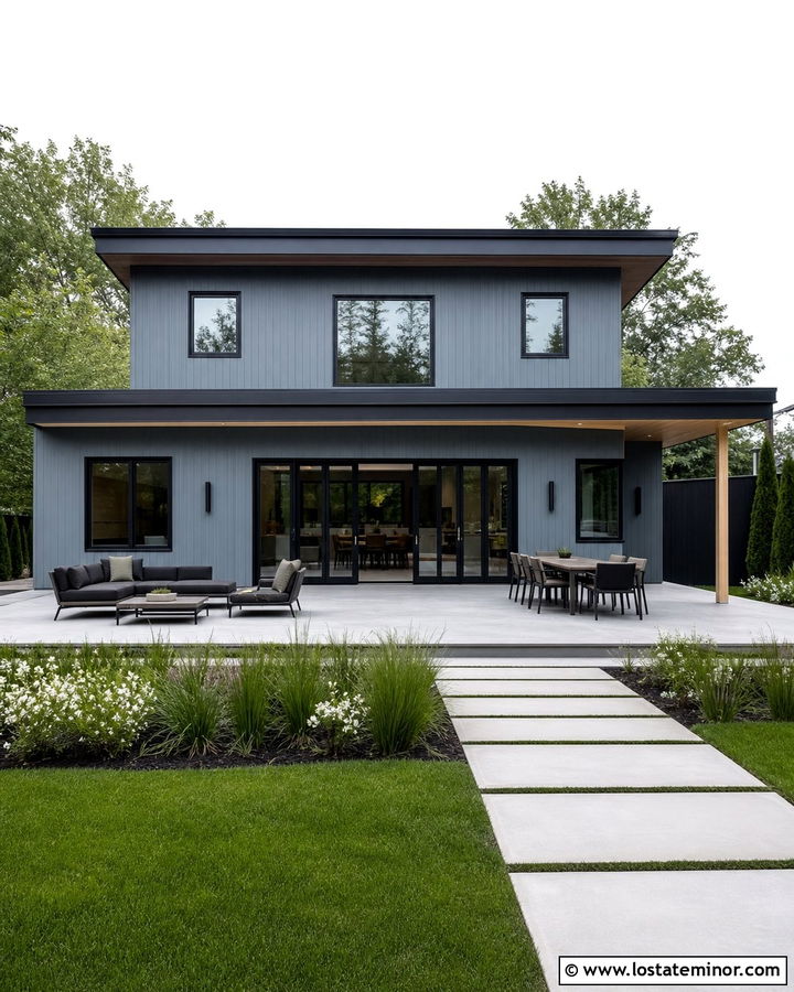 Dusty Blue House With Modern Concrete Patio - 30 Dusty Blue House Design With Backyard Ideas