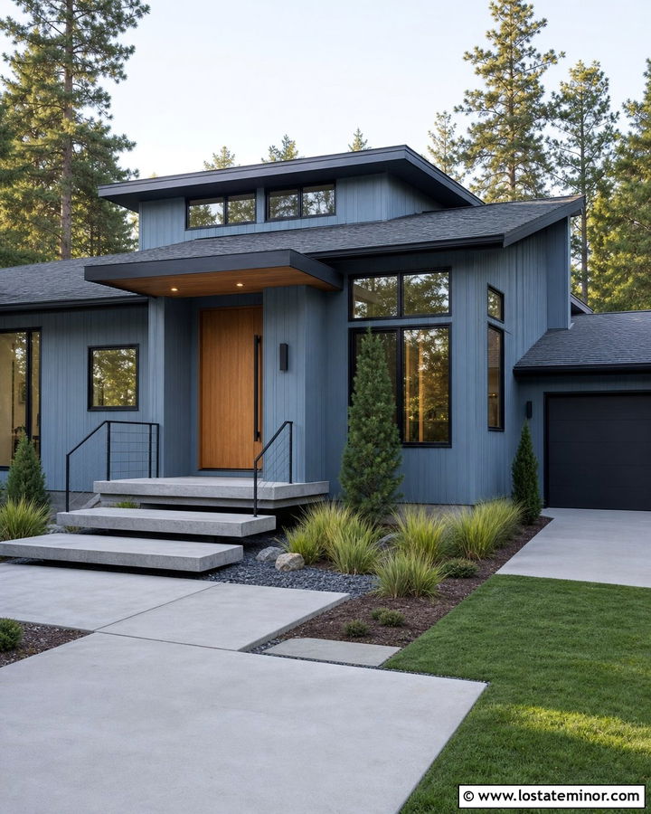 Dusty Blue House With Modern Floating Steps - 30 Dusty Blue House Design With Steps Ideas