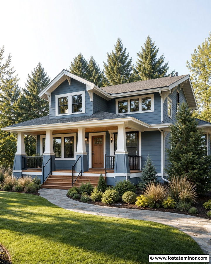 Dusty Blue House With Natural Cedar Deck - 30 Dusty Blue House Design With Deck Ideas