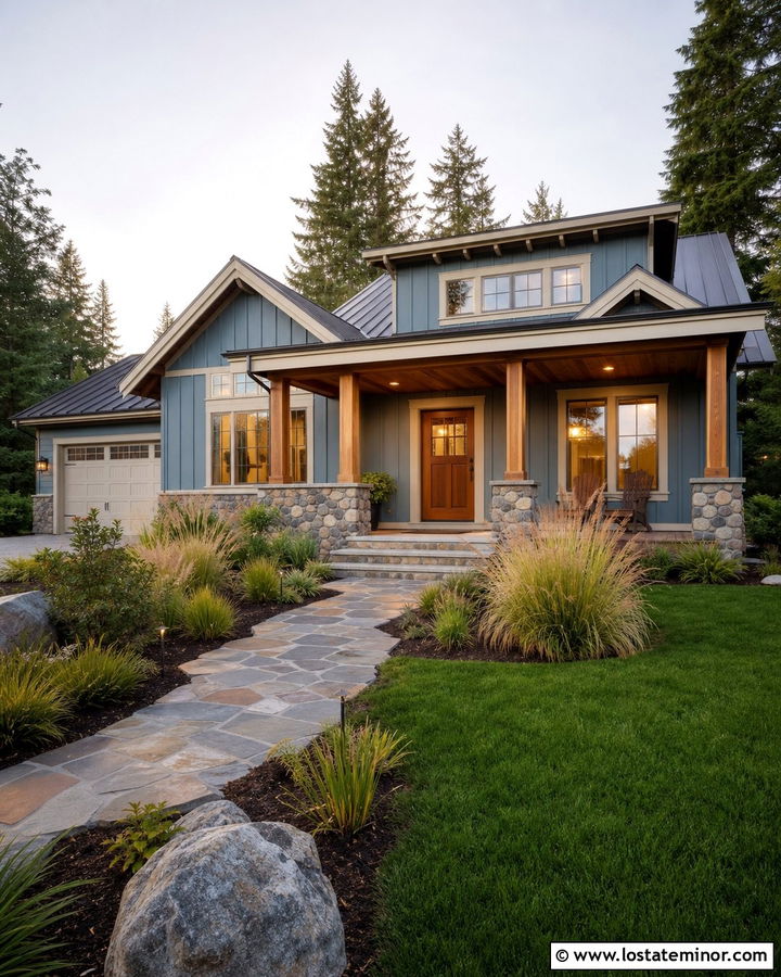 Dusty Blue House With Natural Cedar Porch Columns - 30 Dusty Blue House Design With Porch Columns Ideas