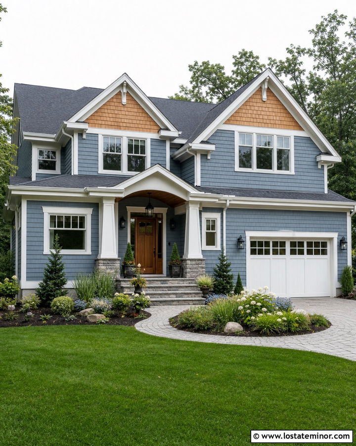Dusty Blue House With Natural Cedar Shake Gables - 30 Dusty Blue House Design With Cedar Shake Ideas