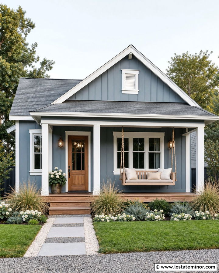 Dusty Blue House With Natural Rope Swing - 30 Dusty Blue House Design With Swing Ideas