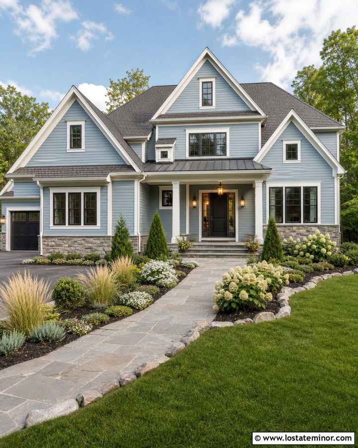 Dusty Blue House With Natural Stone Beds - 30 Dusty Blue House Design With Landscaping Ideas
