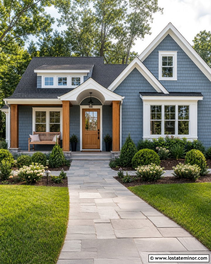 Dusty Blue House With Natural Wood Door And Shingles - 30 Dusty Blue House Design With Shingles Ideas