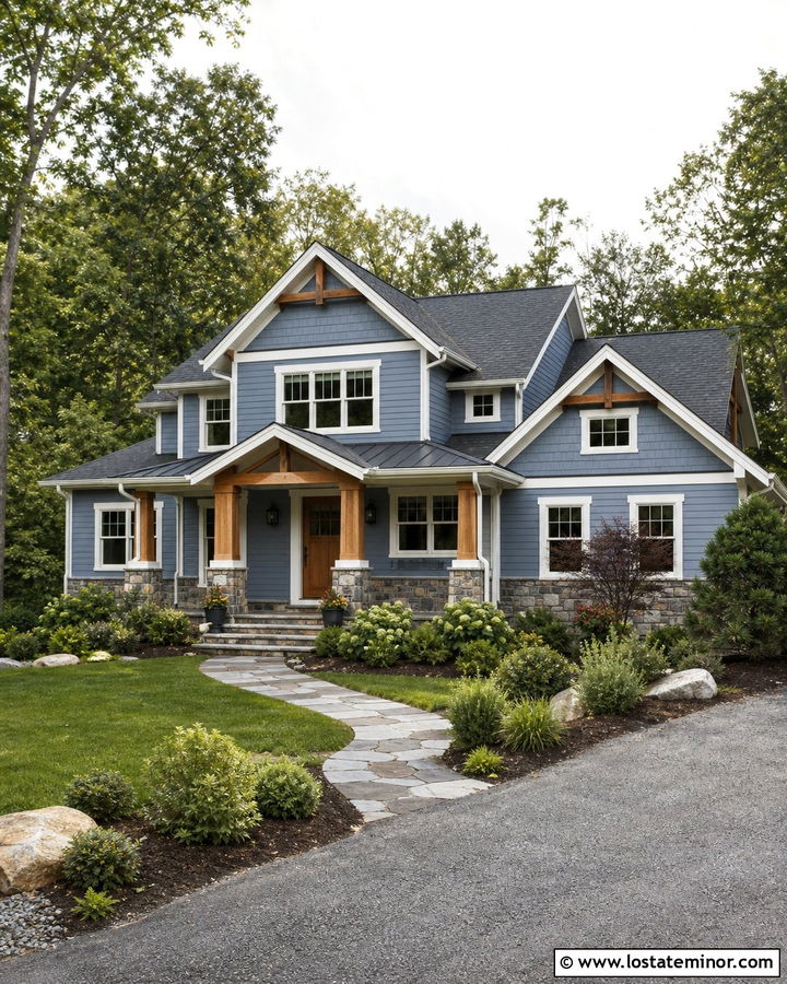 Dusty Blue House With Natural Wood Front Door - 30 Dusty Blue House Design With Front Door Ideas
