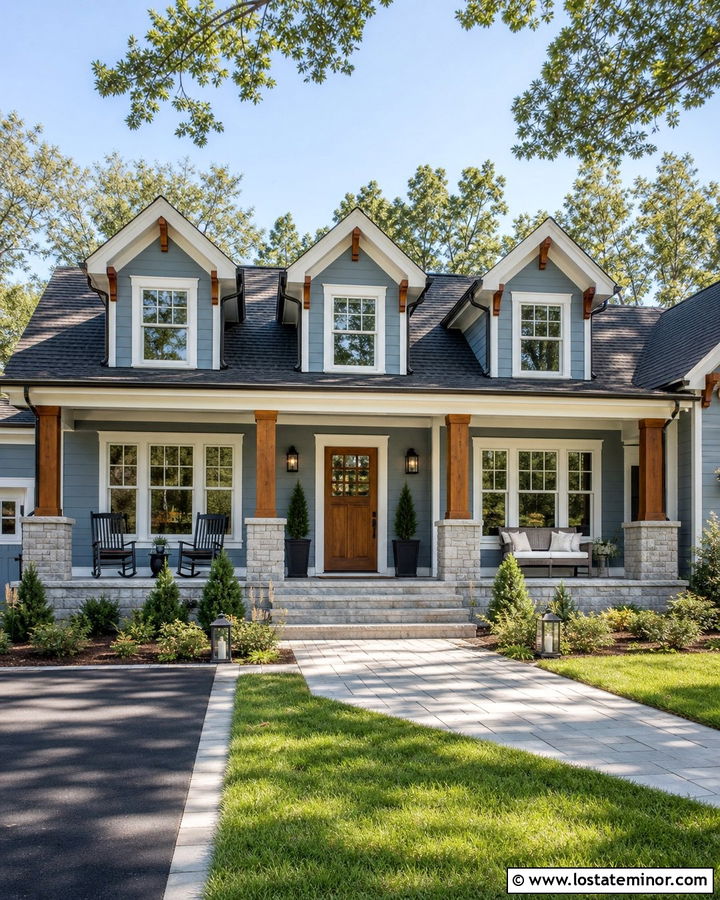 Dusty Blue House With Natural Wood Front Door - 30 Dusty Blue House Design With Dormers Ideas