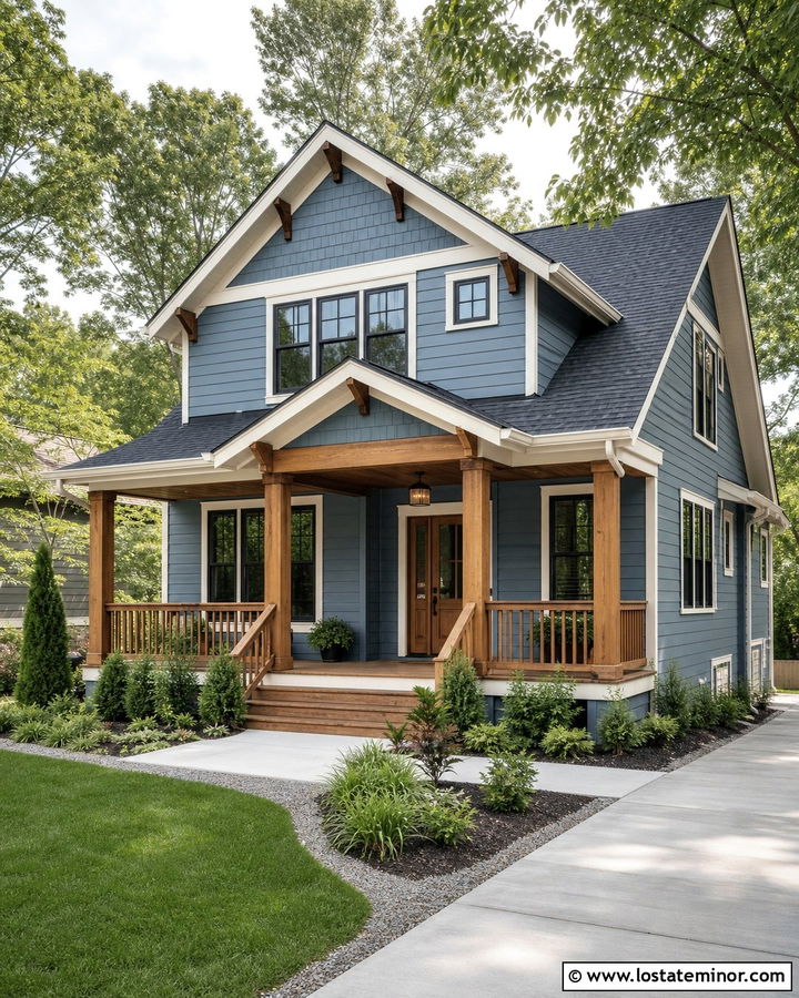 Dusty Blue House With Natural Wood Front Porch - 30 Dusty Blue House Design With Front Porch Ideas