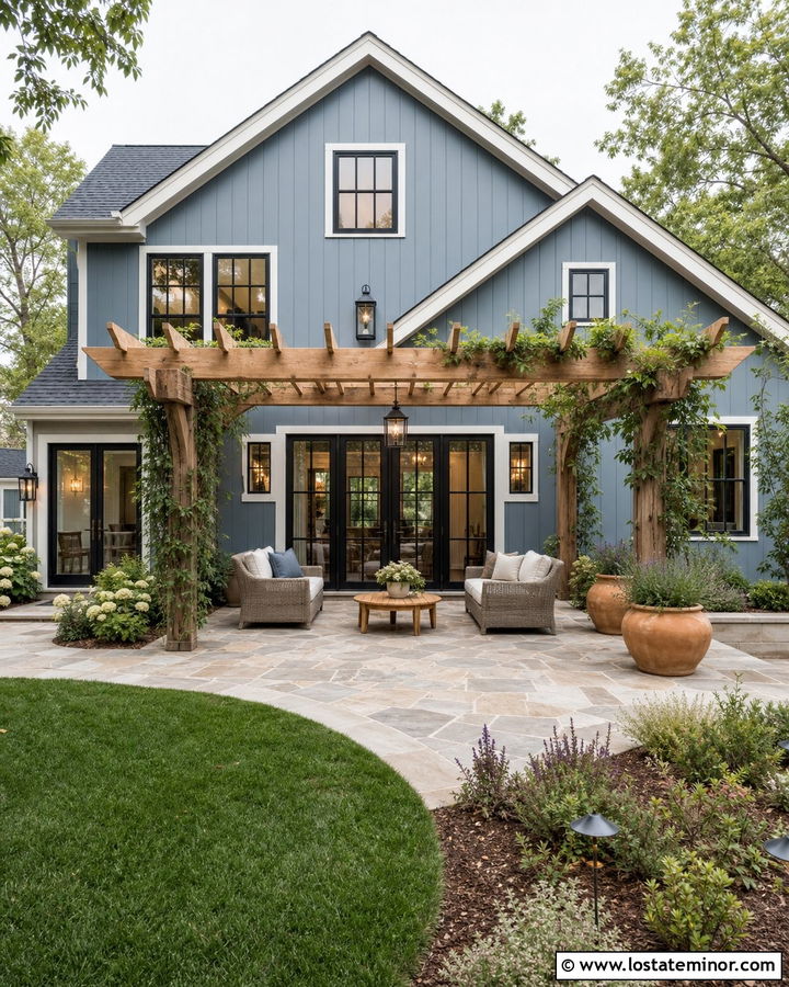 Dusty Blue House With Natural Wood Pergola - 30 Dusty Blue House Design With Backyard Ideas