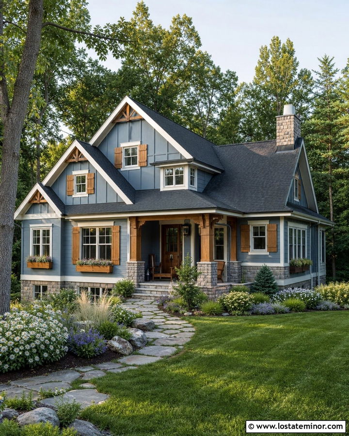 Dusty Blue House With Natural Wood Shutters And Window Boxes - 30 Dusty Blue House Design With Window Boxes Ideas
