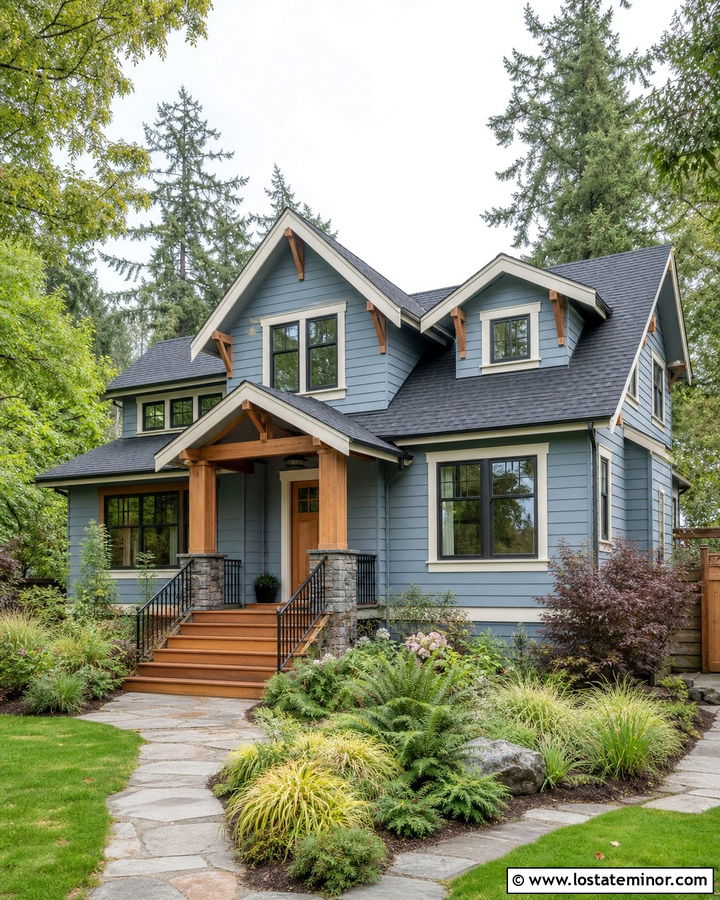 Dusty Blue House With Natural Wood Steps - 30 Dusty Blue House Design With Steps Ideas