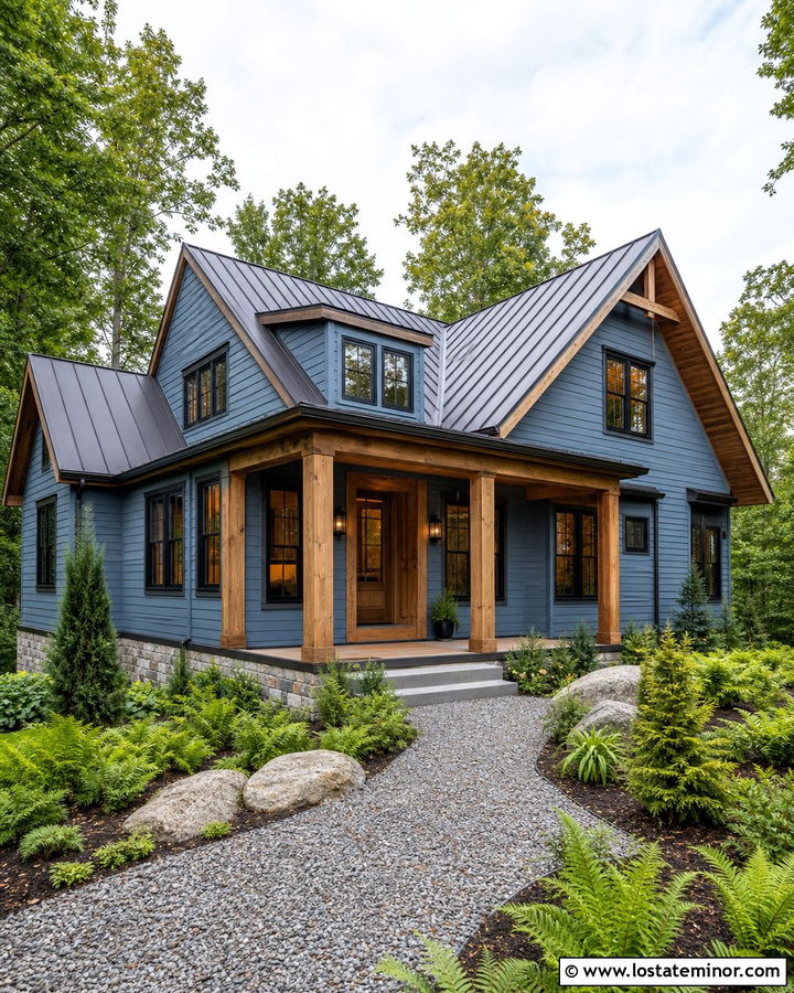 Dusty Blue House With Natural Wood Trim - 30 Dusty Blue House Design With Trim Ideas