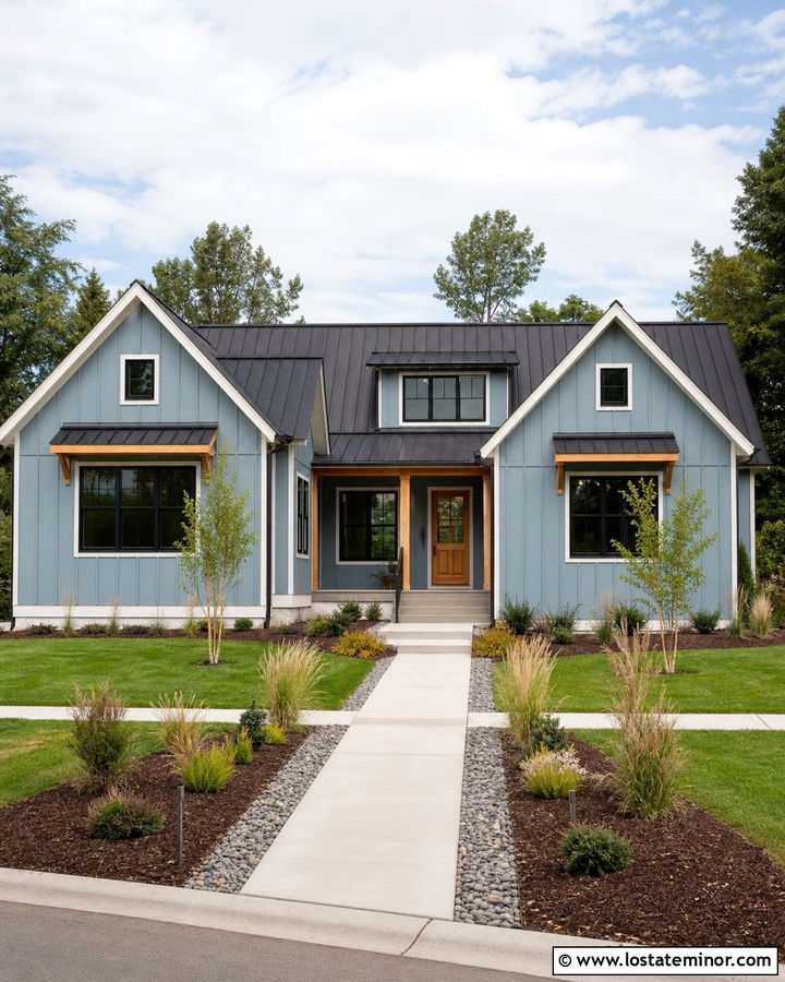 Dusty Blue House With Natural Wood Window Awnings - 30 Dusty Blue House Design With Awning Ideas