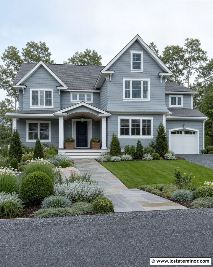 Dusty Blue House With Navy Door And Blue Green Front Yard - 30 Dusty Blue House Design With Front Yard Ideas