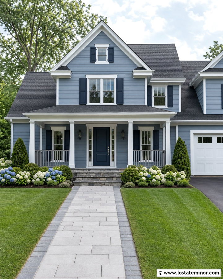 Dusty Blue House With Navy Door And Gray Railings - 30 Dusty Blue House Design With Railings Ideas