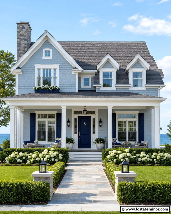 Dusty Blue House With Navy Door And Gray Shingles - 30 Dusty Blue House Design With Shingles Ideas
