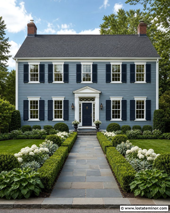 Dusty Blue House With Navy Front Door - 30 Dusty Blue House Design With Landscaping Ideas