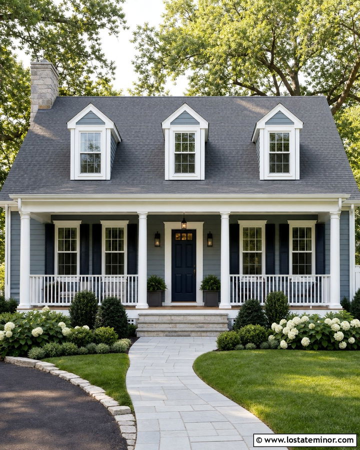 Dusty Blue House With Navy Front Porch Door - 30 Dusty Blue House Design With Front Porch Ideas