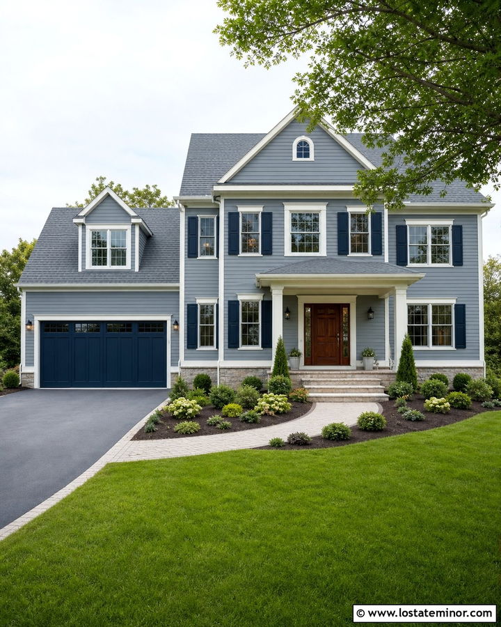 Dusty Blue House With Navy Garage Door - 30 Dusty Blue House Design With Garage Door Ideas