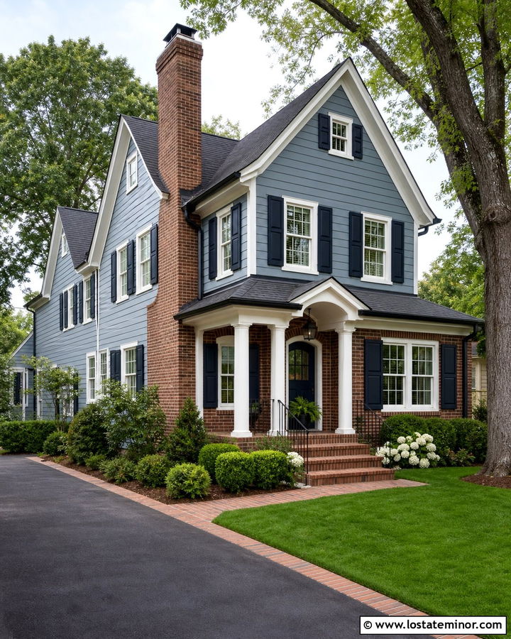 Dusty Blue House With Navy Shutters And Brick - 30 Dusty Blue House Design With Shutters Ideas