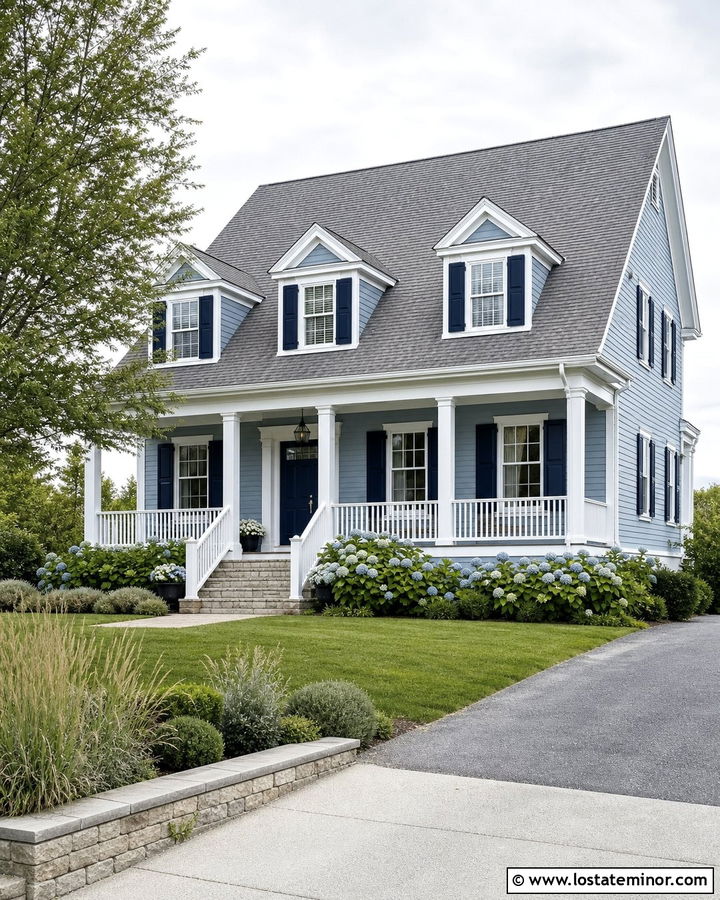Dusty Blue House With Navy Shutters And Dormers - 30 Dusty Blue House Design With Dormers Ideas