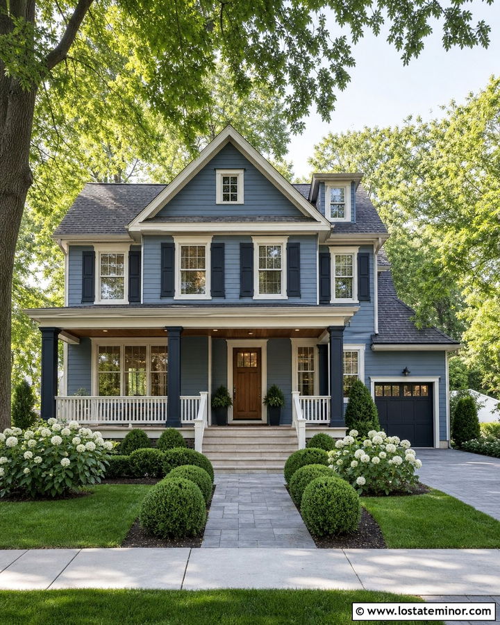 Dusty Blue House With Navy Shutters And Porch Columns - 30 Dusty Blue House Design With Porch Columns Ideas