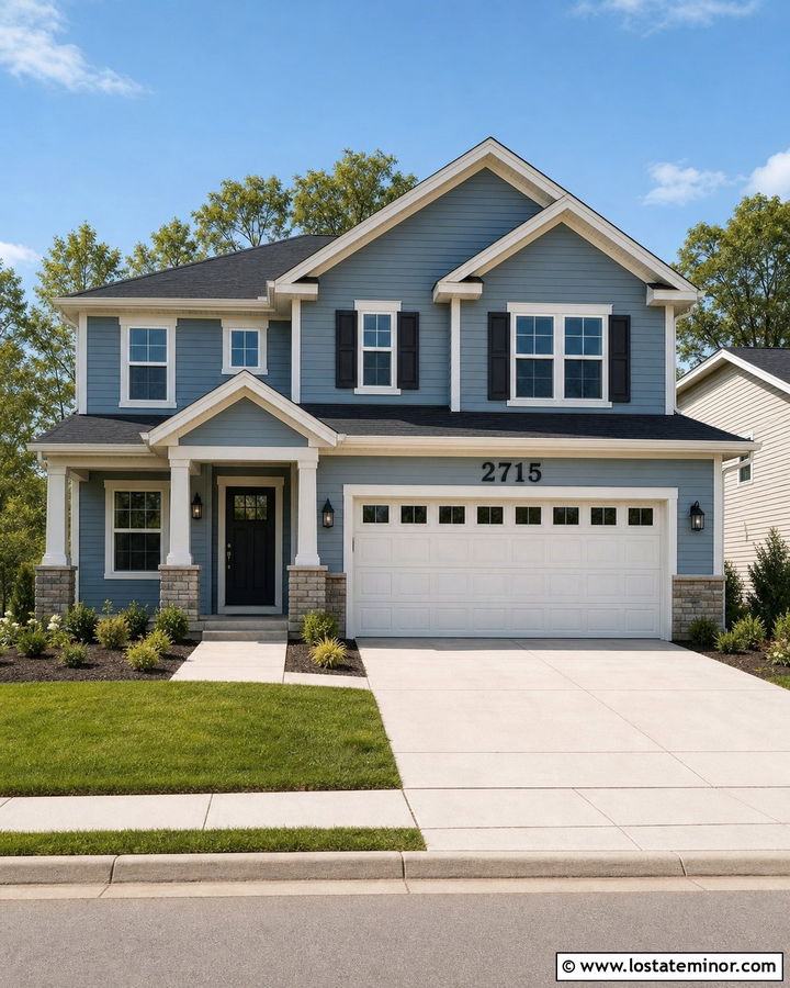 Dusty Blue House With Numbers Above The Garage - 30 Dusty Blue House Design With House Numbers Ideas