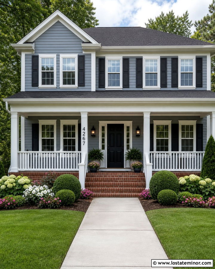 Dusty Blue House With Numbers On A Porch Column - 30 Dusty Blue House Design With House Numbers Ideas