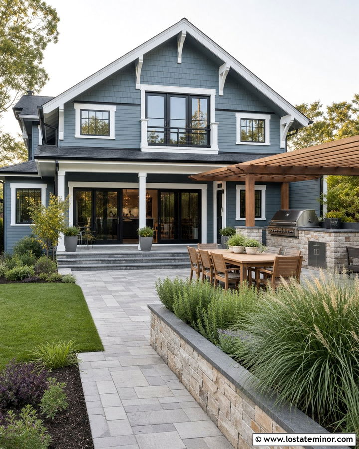 Dusty Blue House With Outdoor Kitchen - 30 Dusty Blue House Design With Backyard Ideas